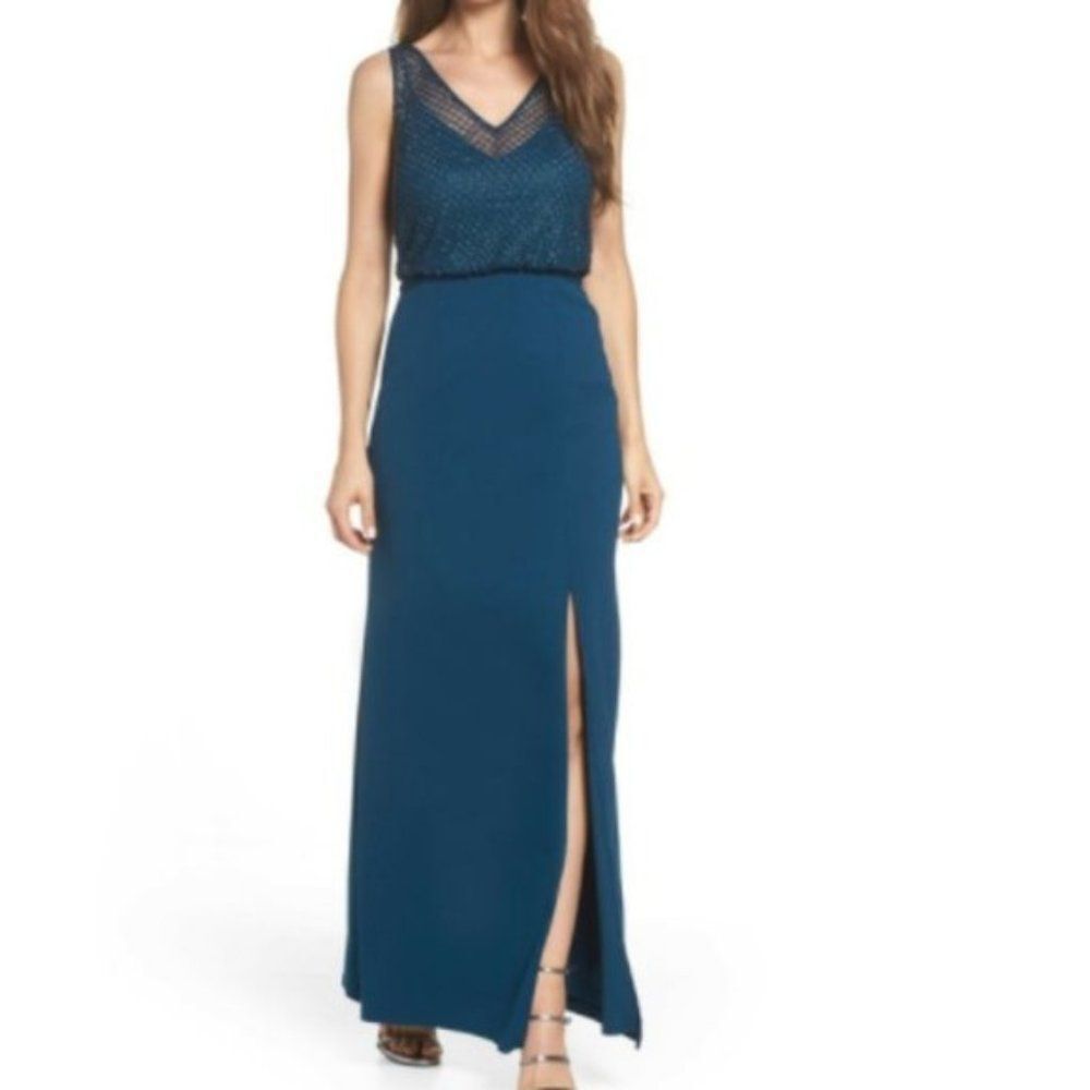 Adrianna Papell Lattice Beaded Bodice Gown